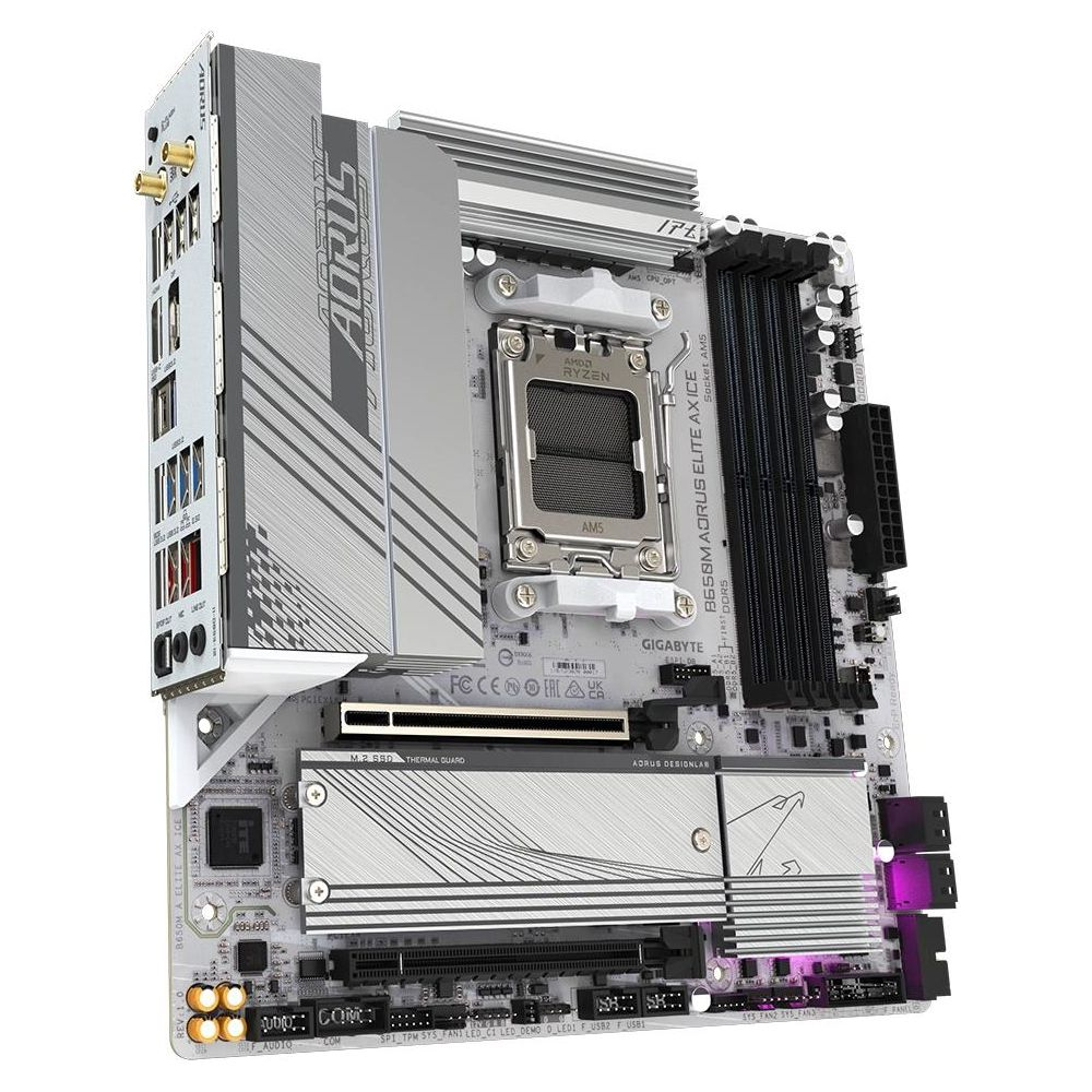 Biała płyta główna AM5 z srebrnymi akcentami i oświetleniem RGB.