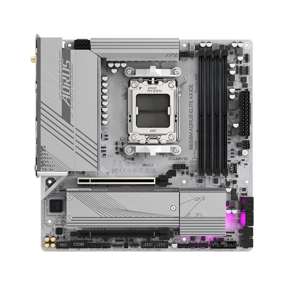 Szara płyta główna z srebrnymi radiatorami i podświetleniem RGB.