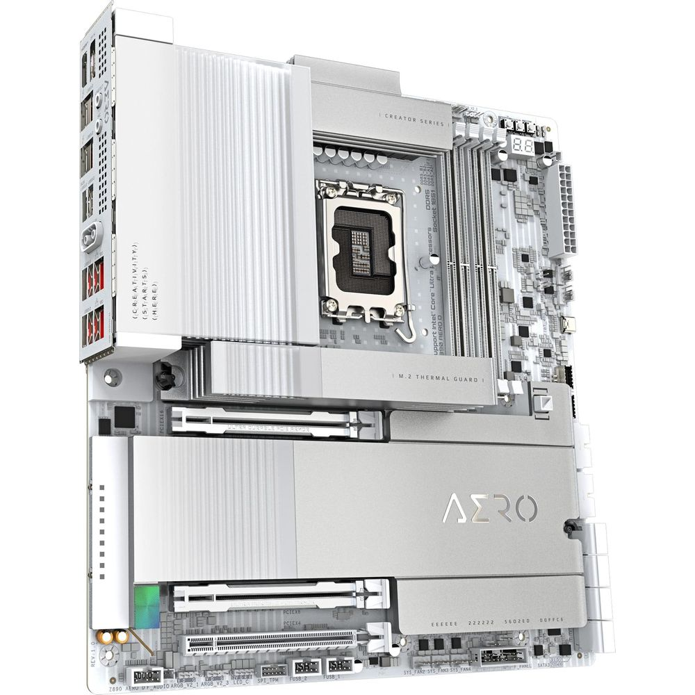 Biała płyta główna komputera z srebrnymi radiatorami i logo AERO.
