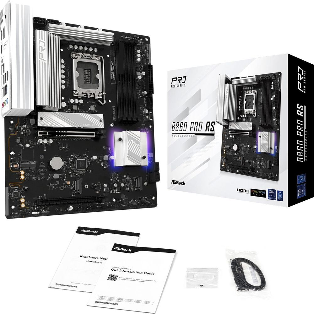 Płyta główna ASRock B860 PRO RS z pudełkiem, instrukcją i kablami.