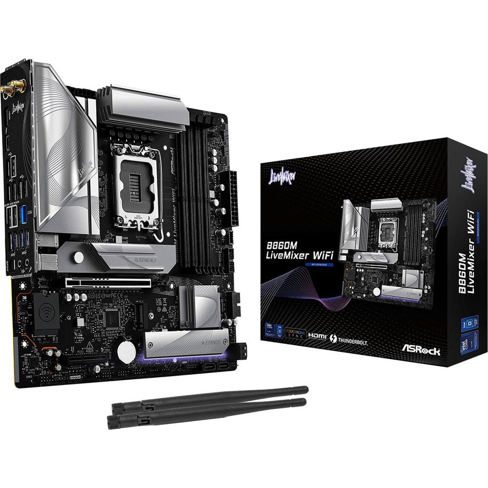 Płyta główna ASRock B860M LiveMixer WiFi z pudełkiem i antenami.