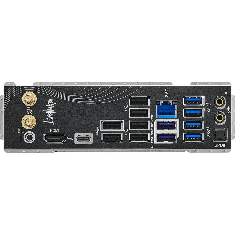 Tylny panel płyty głównej z wieloma portami USB, HDMI, przyciskiem BIOS i gniazdami audio.