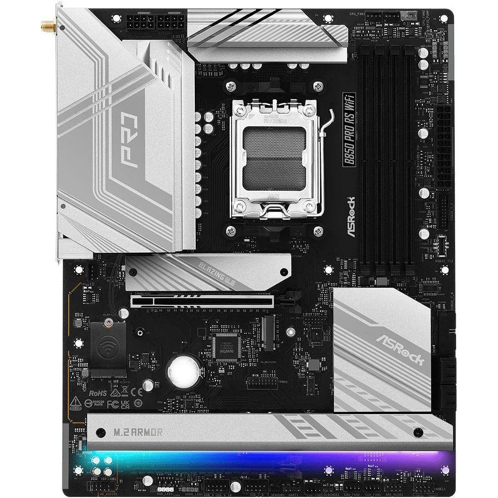Płyta główna ASRock B850 PRO RS WIFI z gniazdem CPU, slotami RAM i radiatorami.