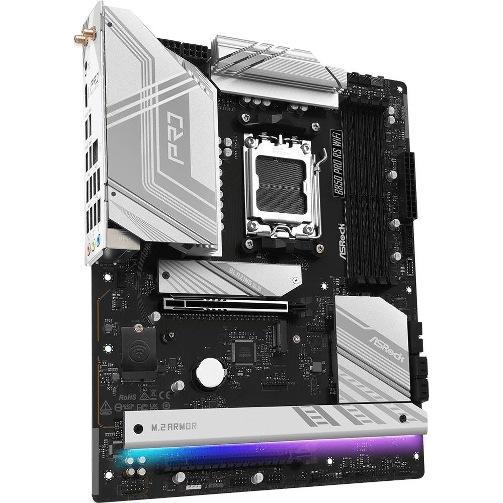 Płyta główna ASRock B650 z srebrnymi radiatorami i oświetleniem RGB.