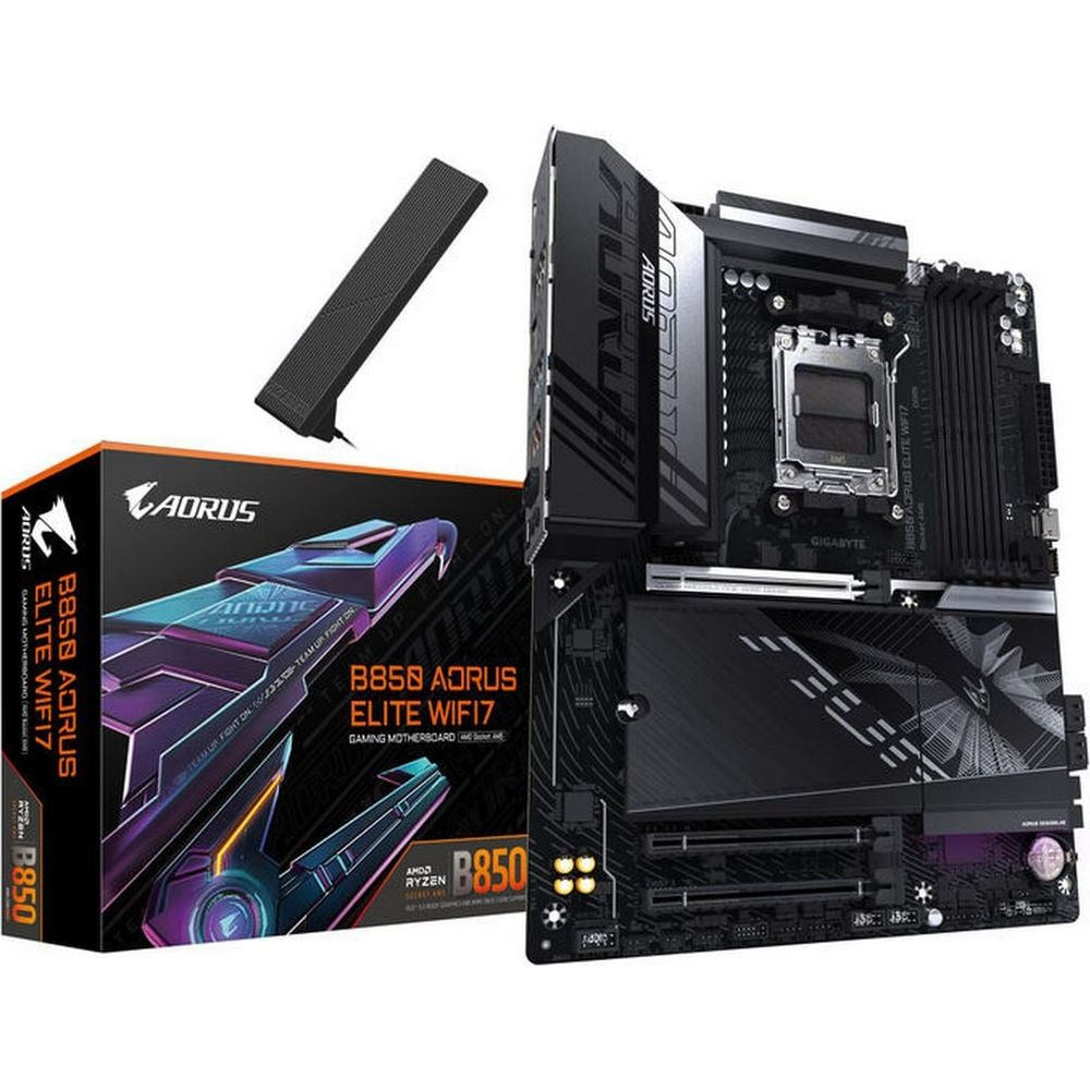 Płyta główna Aorus B850 i jej opakowanie na białym tle.