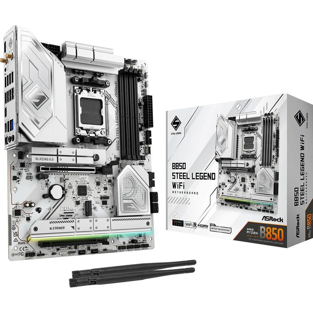 Biała płyta główna ASRock B850 Steel Legend WiFi z pudełkiem i antenami.