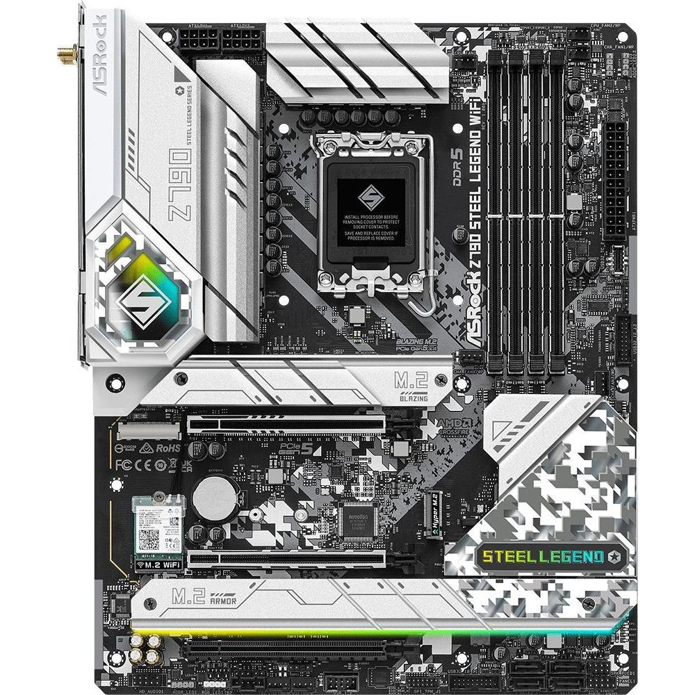 Płyta główna ASRock Z790 Steel Legend WiFi z srebrnymi radiatorami i oświetleniem RGB.