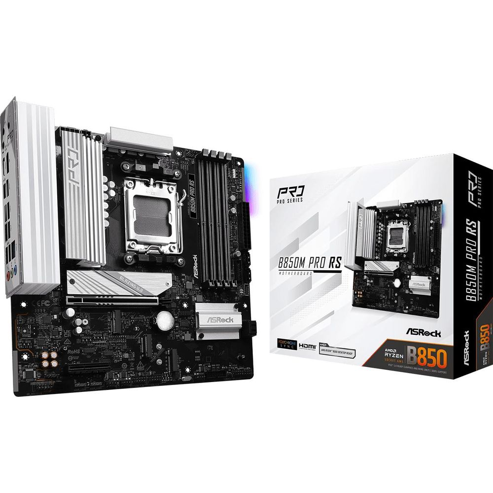 Płyta główna ASRock B850M PRO RS i jej opakowanie obok siebie.