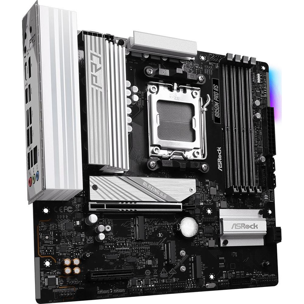 Płyta główna ASRock B650M PRO RS z srebrnymi radiatorami i oświetleniem RGB.