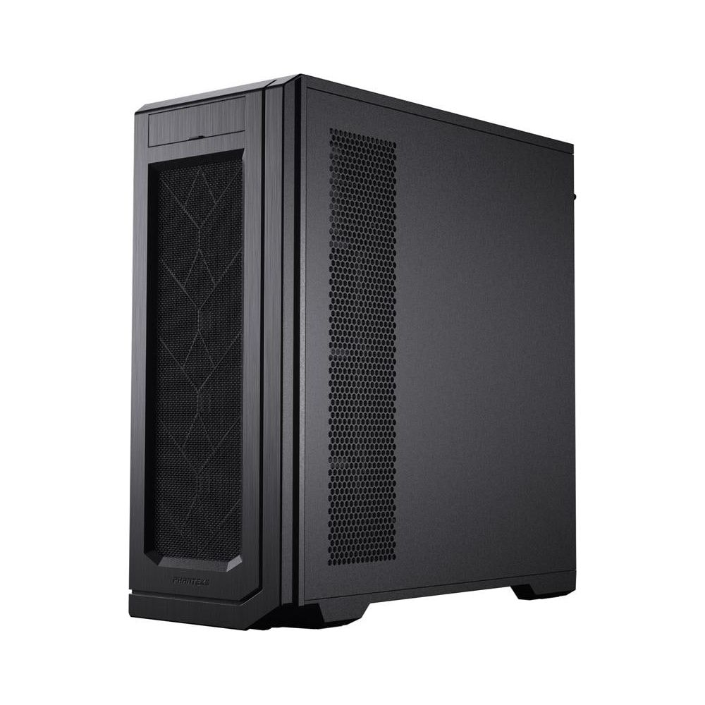 Czarna obudowa komputera z kratką wentylacyjną i wzorzystym frontem.