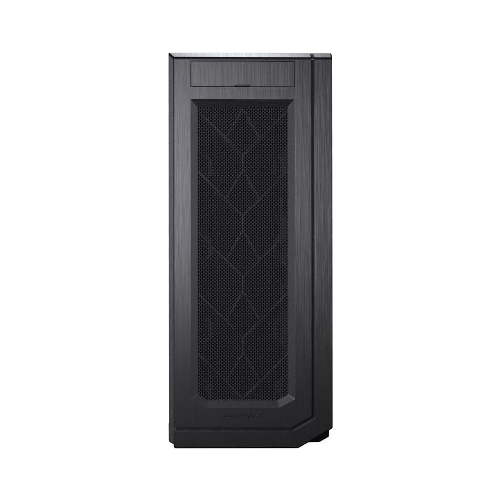 Czarna obudowa komputera z teksturowanym panelem przednim i dyskretnym logo na dole.