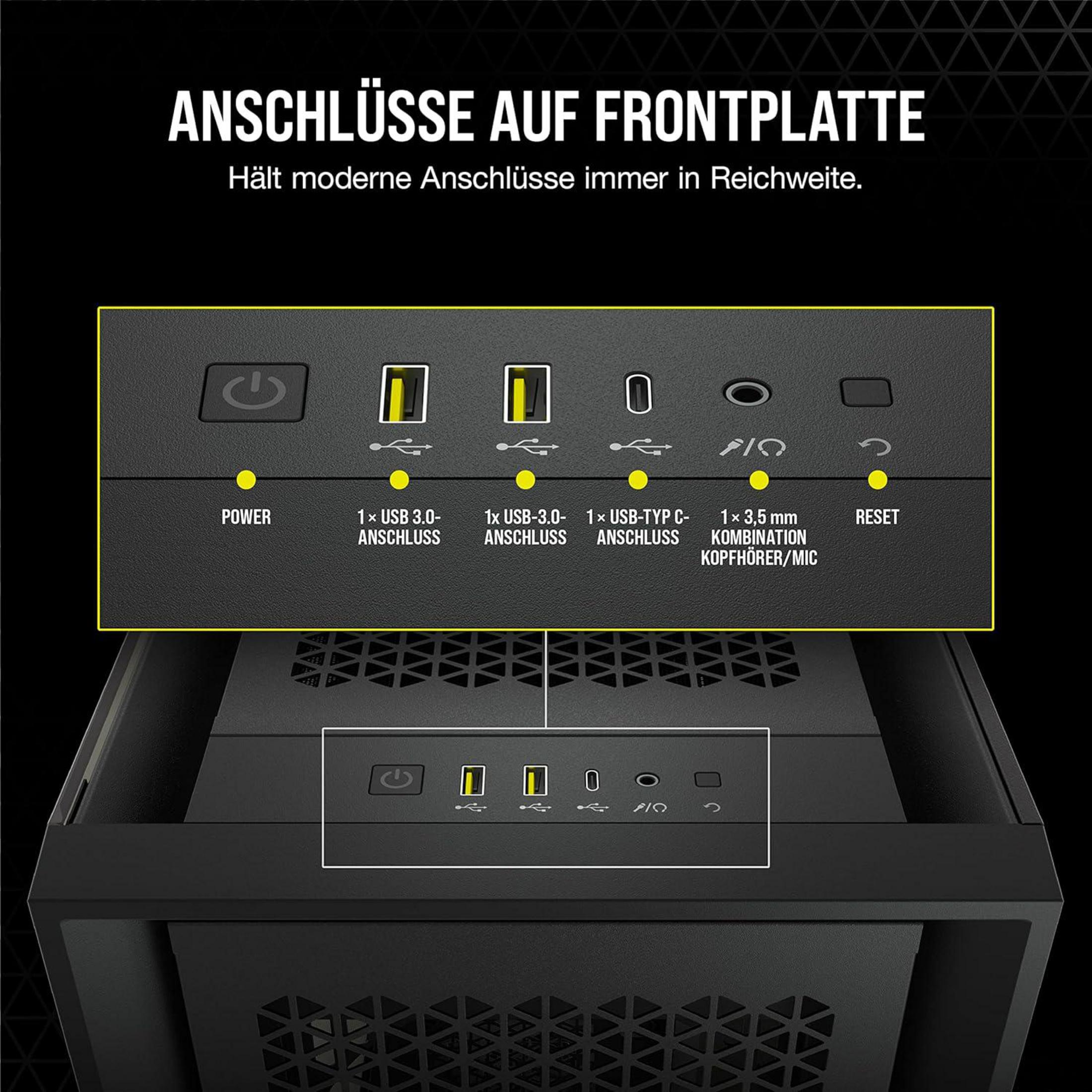 Voorpaneelpoorten: Aan, 2x USB 3.0, USB-C, audio jack, Reset.