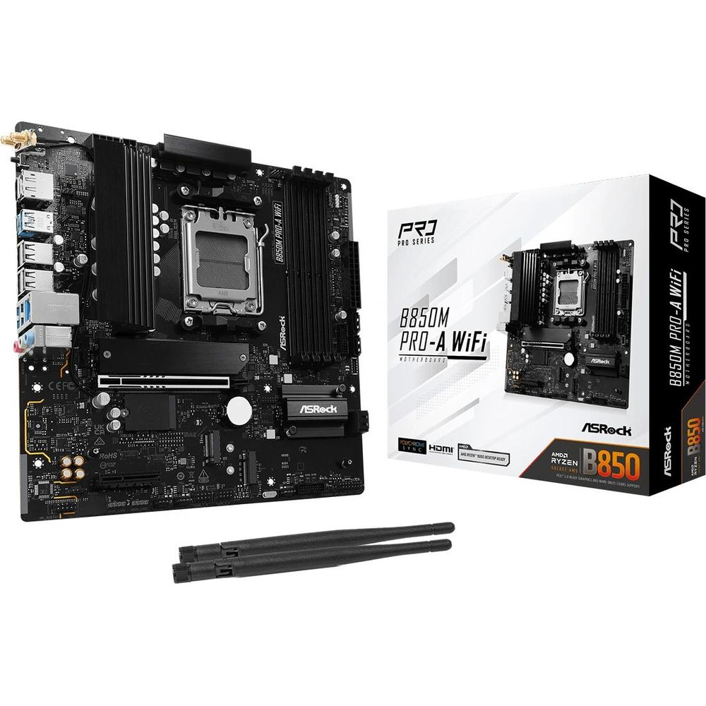 Płyta główna ASRock B850M Pro-A WiFi z pudełkiem i antenami.