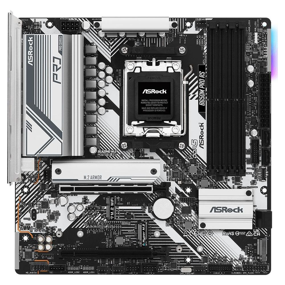 Płyta główna ASRock B650M PRO RS z srebrnymi radiatorami i czarnym PCB.