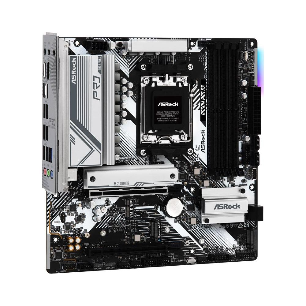 Płyta główna ASRock B650M PRO RS z srebrnymi radiatorami i oświetleniem RGB.