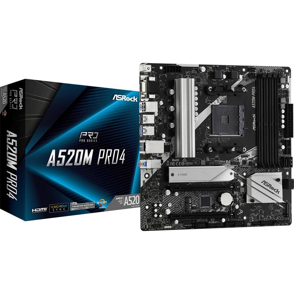 Płyta główna ASRock A520M PRO4 i pudełko z logo AMD Ryzen.