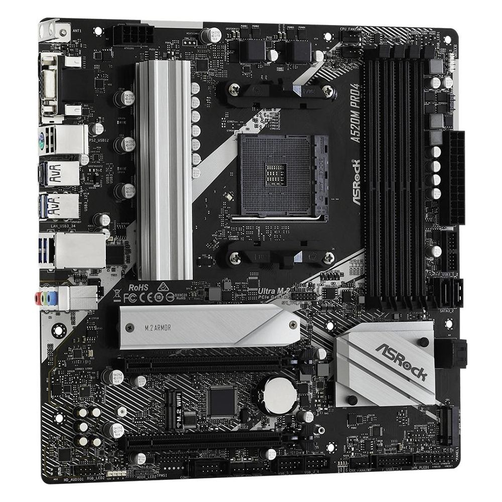 Płyta główna ASRock A520M PRO4 z gniazdem CPU, slotami RAM i portami.