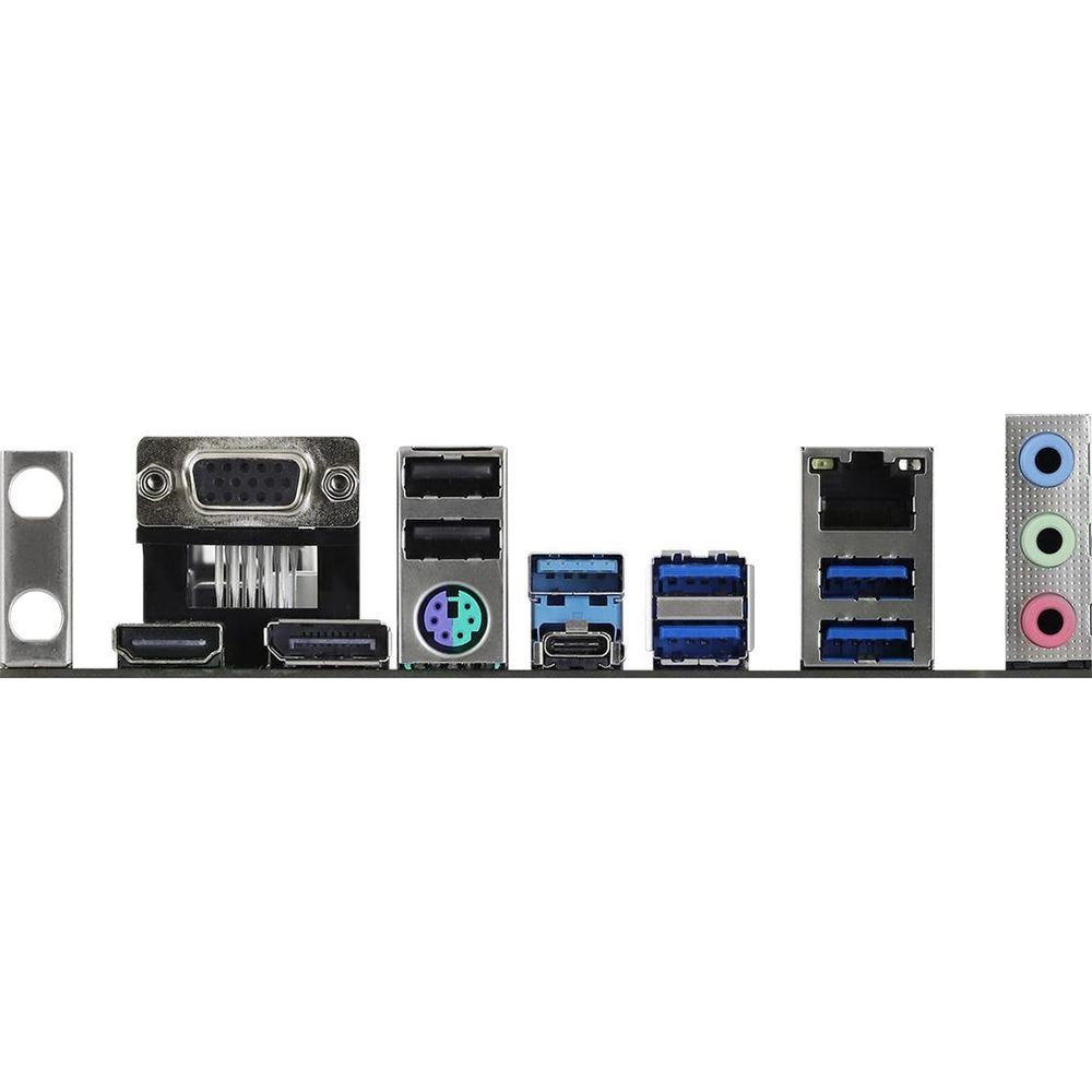 Panel tylny płyty głównej z różnymi portami, w tym USB i złączami audio.