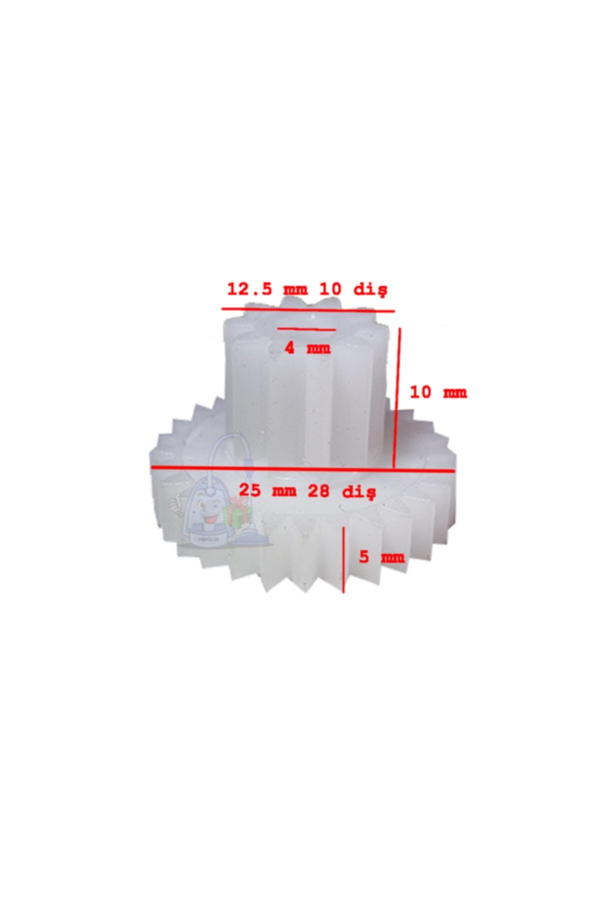 Boyutları olan beyaz dişli: 12,5 mm, 10 diş, 4 mm yükseklik, 10 mm ve 25 mm, 28 diş, 5 mm.