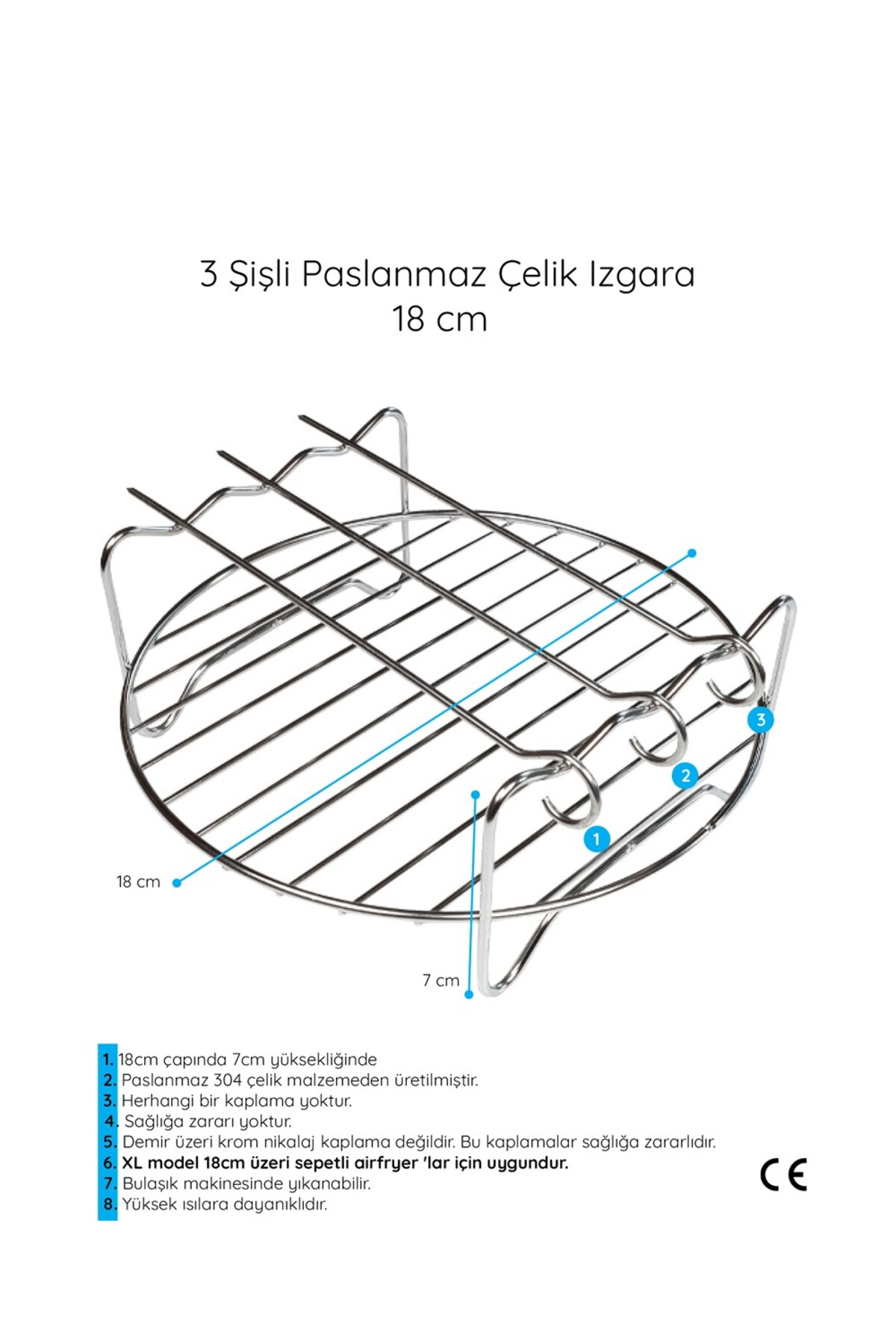 18cm çapında 7cm yüksekliğinde paslanmaz çelik yuvarlak ızgara.