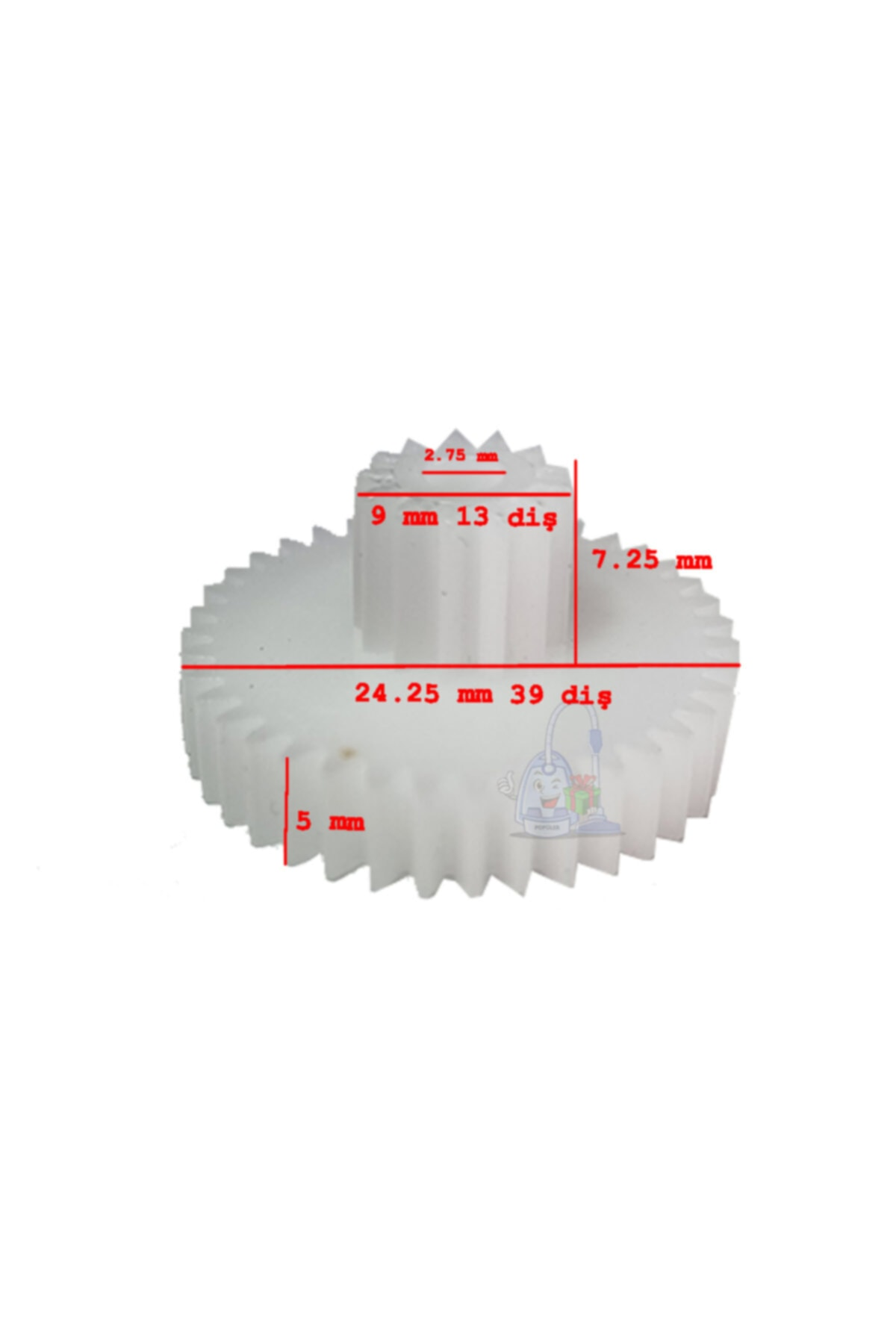 Boyutları olan beyaz dişli: 9 mm, 13 diş, 2,75 mm yükseklik, 7,25 mm.