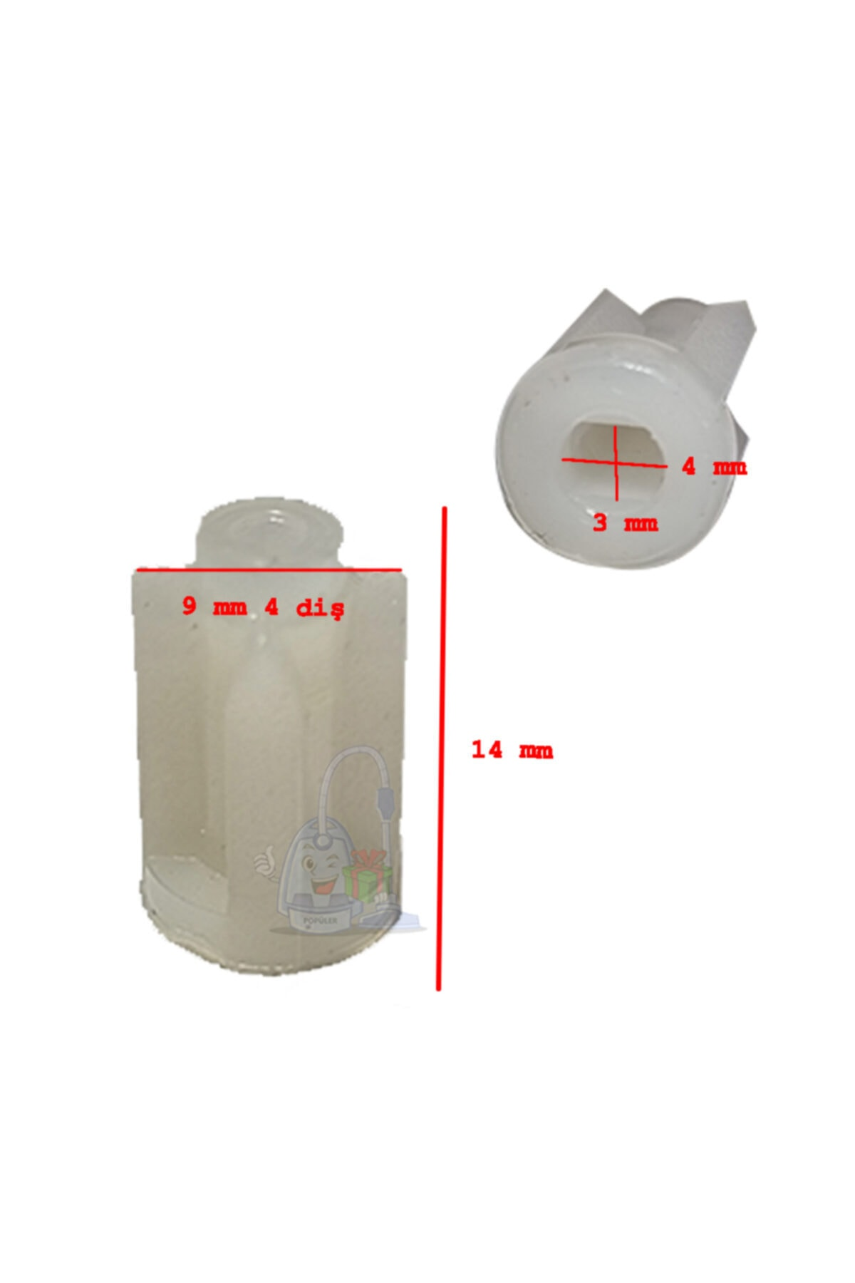 Ölçülü iki beyaz plastik parça. Silindirik (9mm) ve altıgen (3mm ve 4mm).