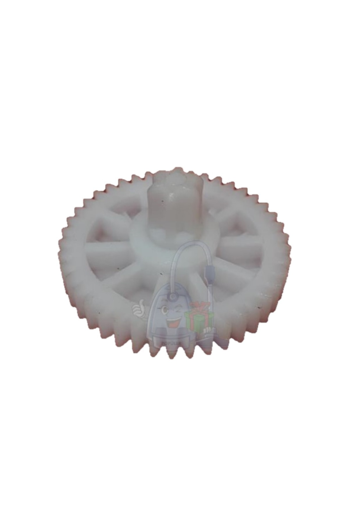 Ortasında delik ve çevresinde dişleri olan beyaz plastik dişli.