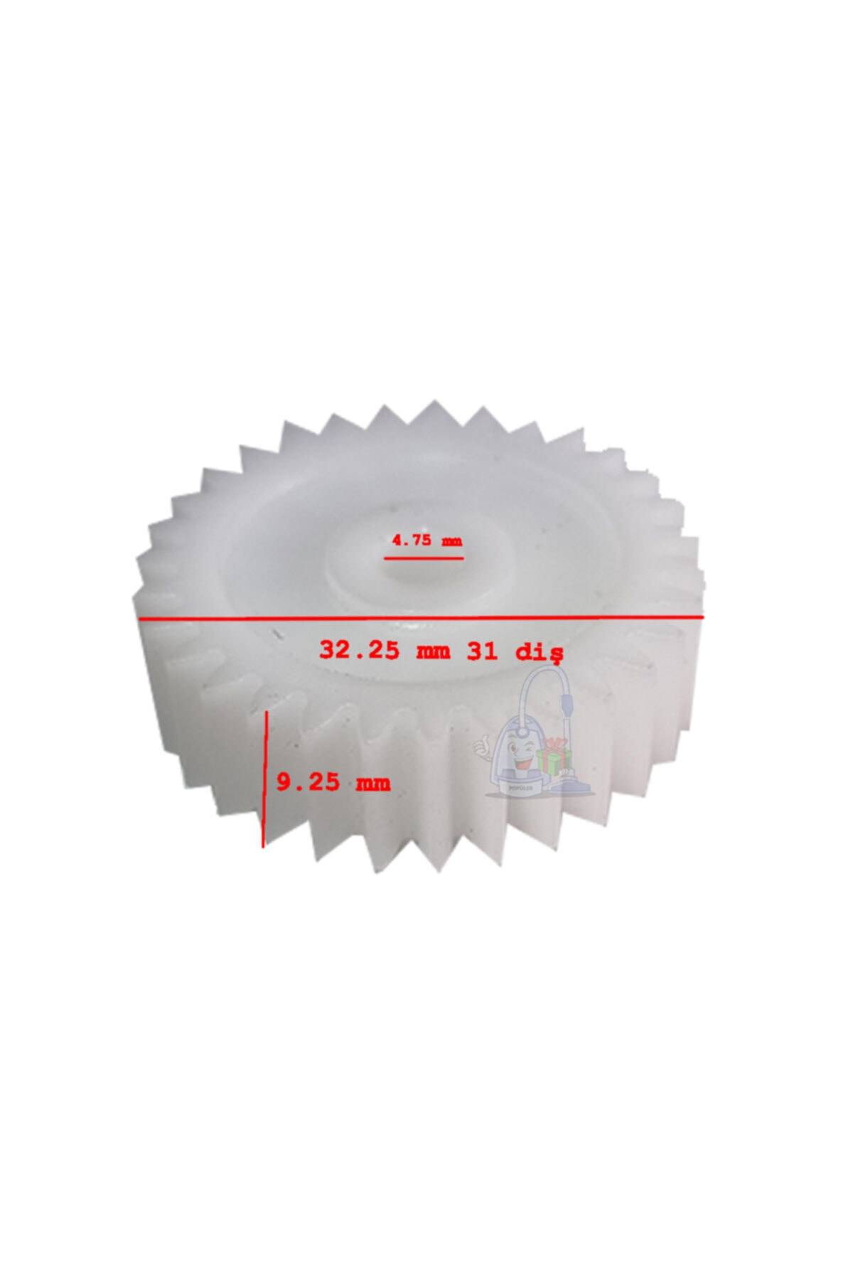 Boyutları olan beyaz dişli: 4,75 mm, 32,25 mm, 31 diş, 9,25 mm.