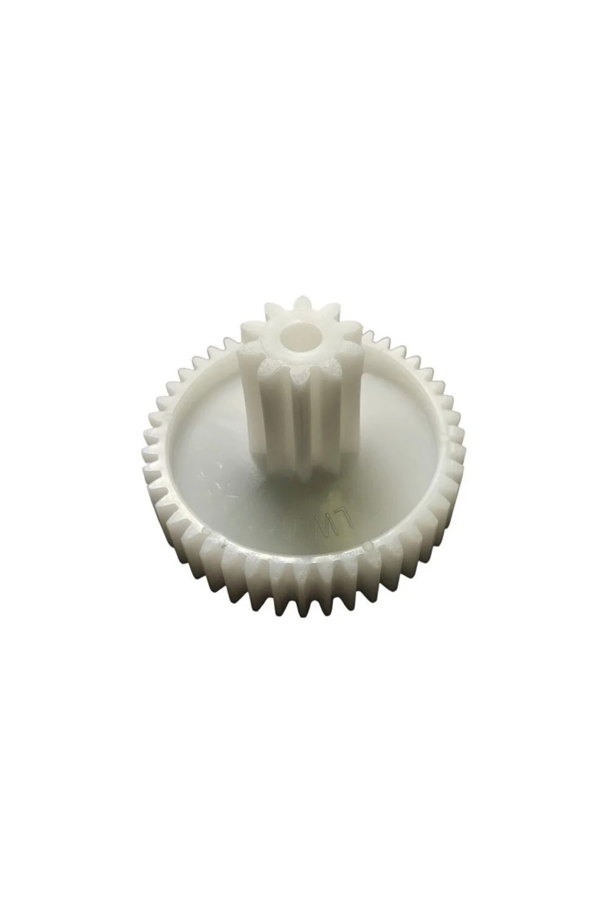 Merkezi şaftlı ve dişli beyaz plastik tek dişli.