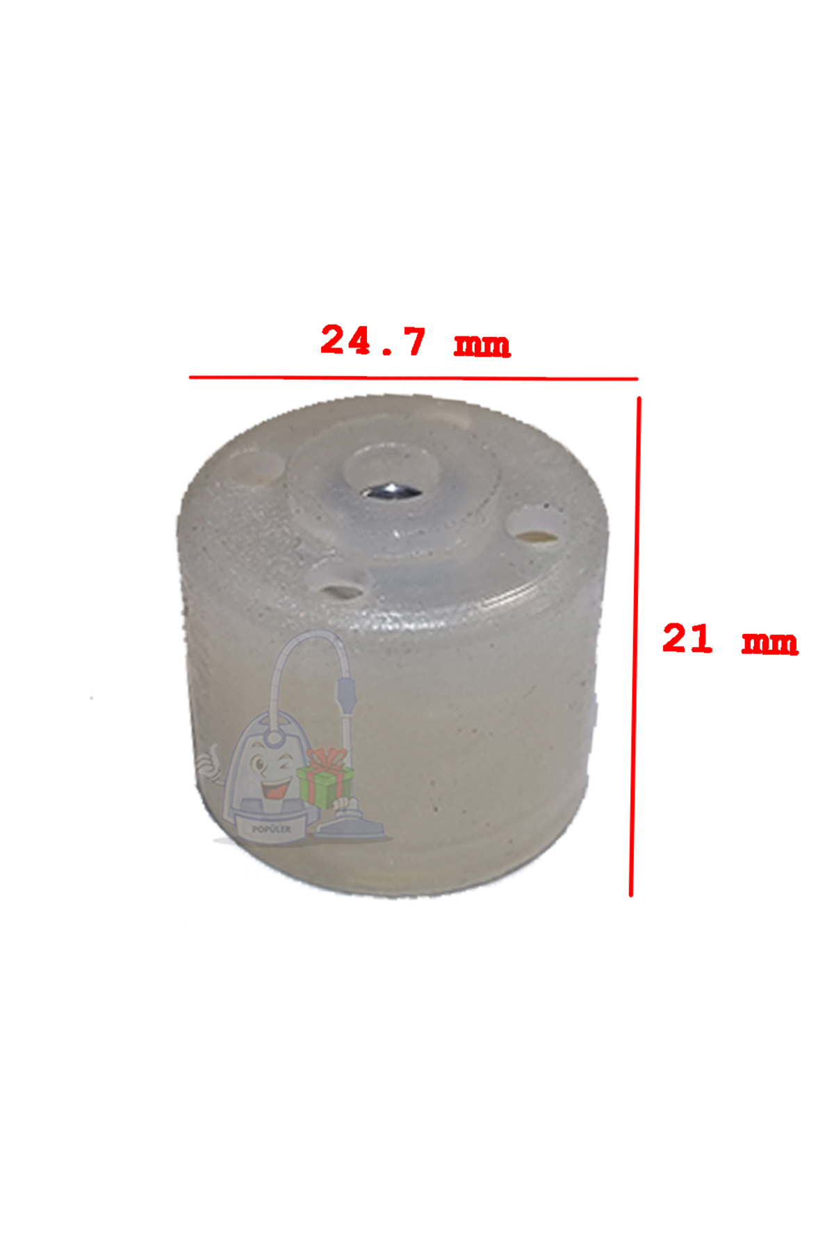 24,7 mm ve 21 mm ölçülerinde beyaz silindirik parça.