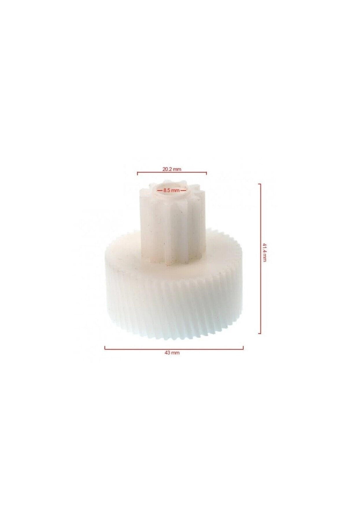 Boyutları olan iki beyaz dişli: 43 mm çap, 41,4 mm yükseklik.