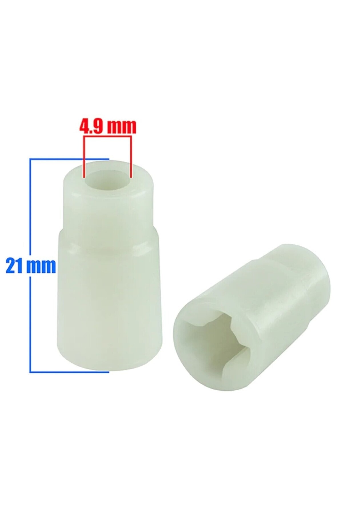 21mm ve 4,9mm boyutlarında iki beyaz plastik parça.