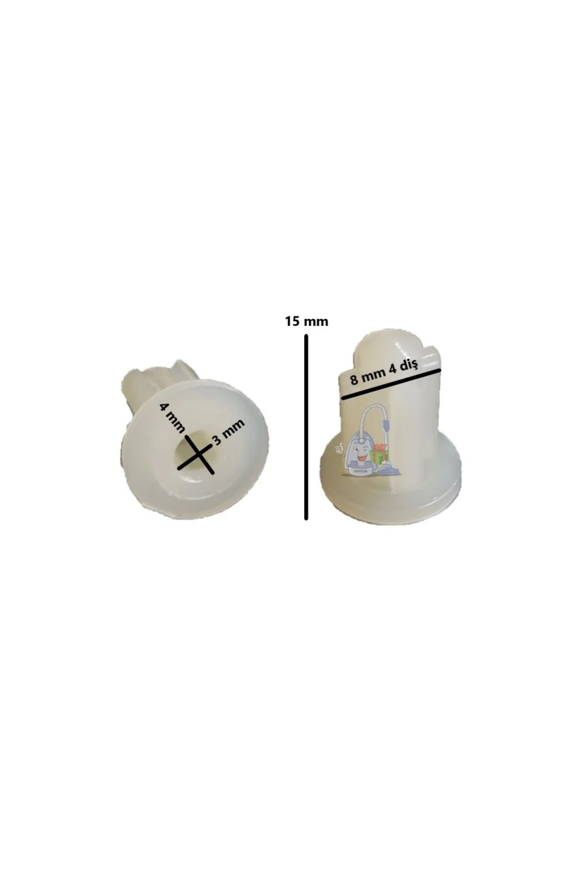 4x3mm ve 8mm boyutlarında, 15mm yüksekliğinde iki beyaz plastik parça.