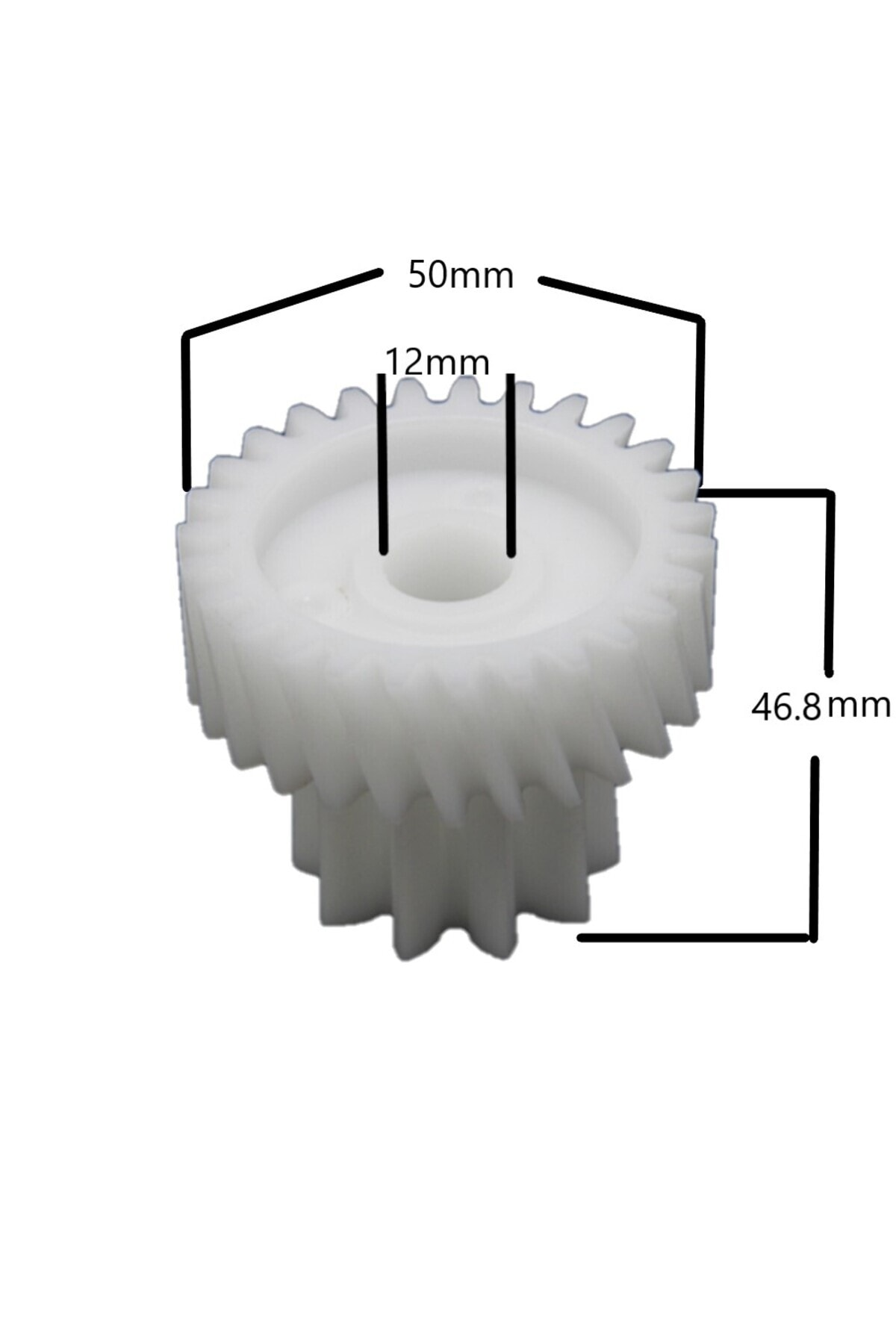 50mm, 12mm ve 46,8mm boyutlarında beyaz plastik dişli.