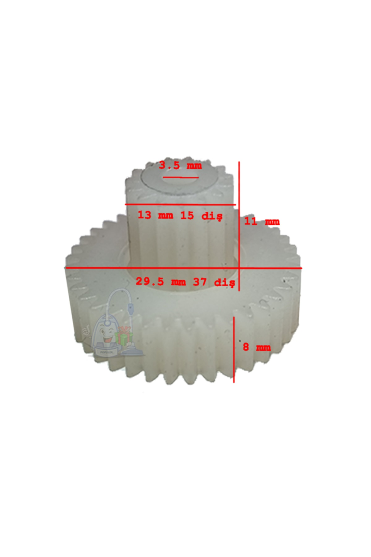 Ölçülerle beyaz bir dişli: 3,5 mm, 13 mm 15 diş, 11 mm, 29,5 mm 37 diş, 8 mm.