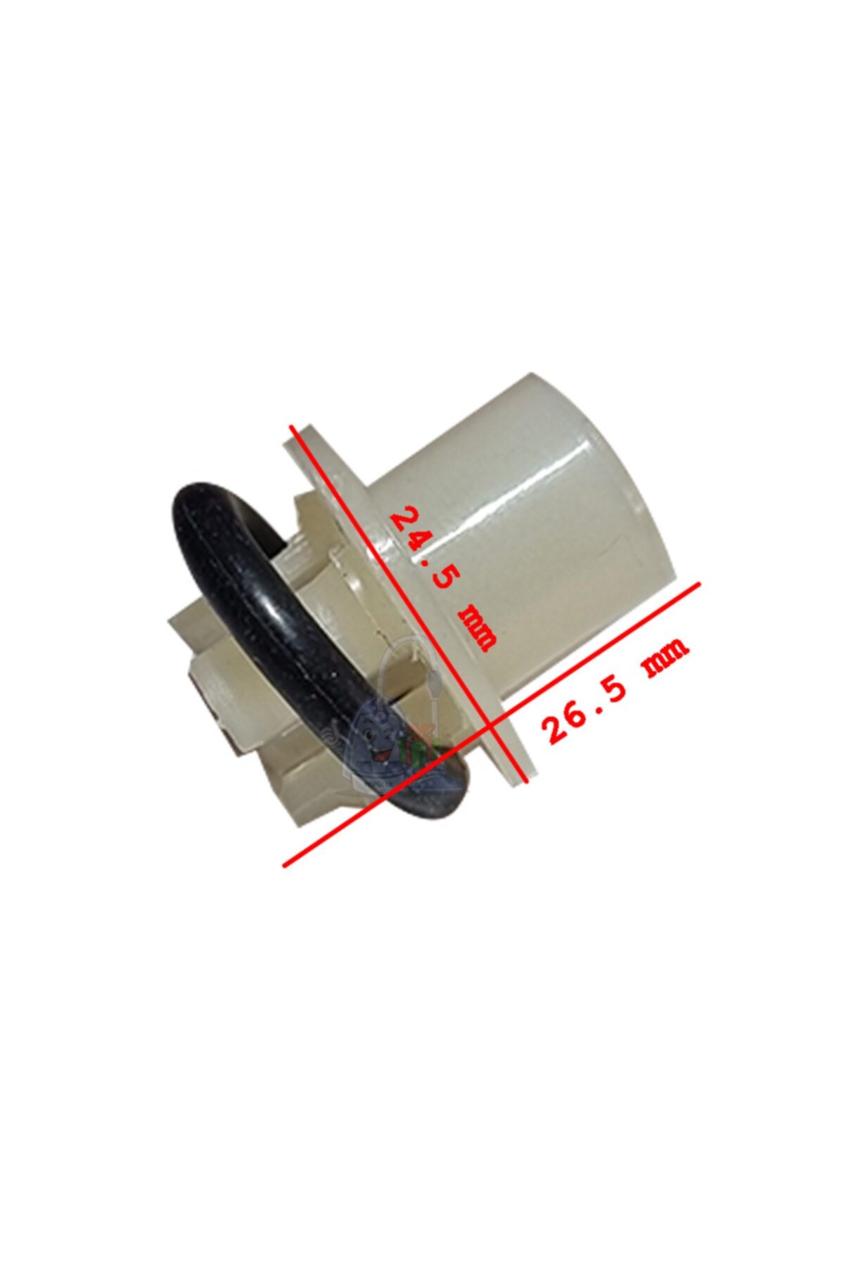 Siyah halkalı beyaz plastik parça, ölçüleri 24,5 mm ve 26,5 mm.