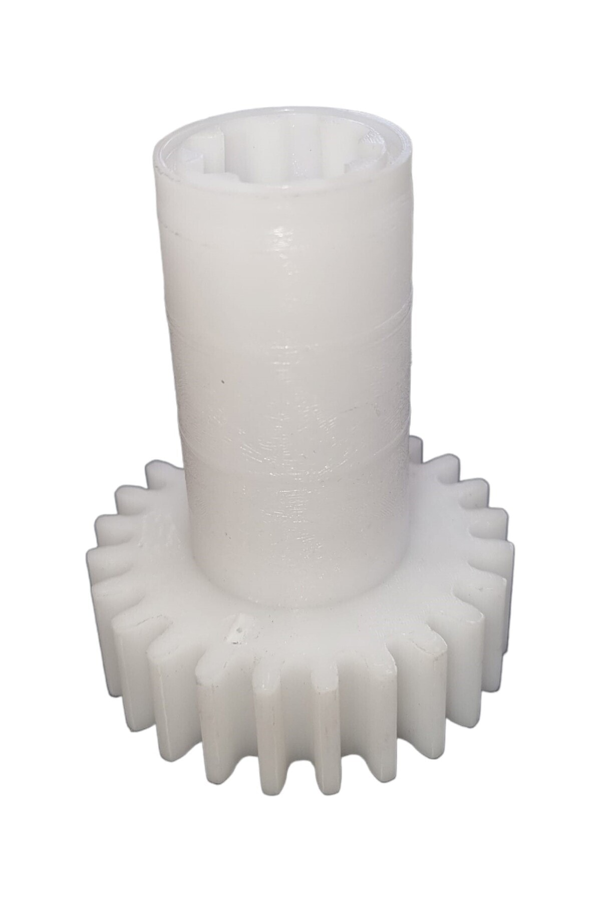 İç kamalı silindirik şaftlı beyaz plastik dişli.