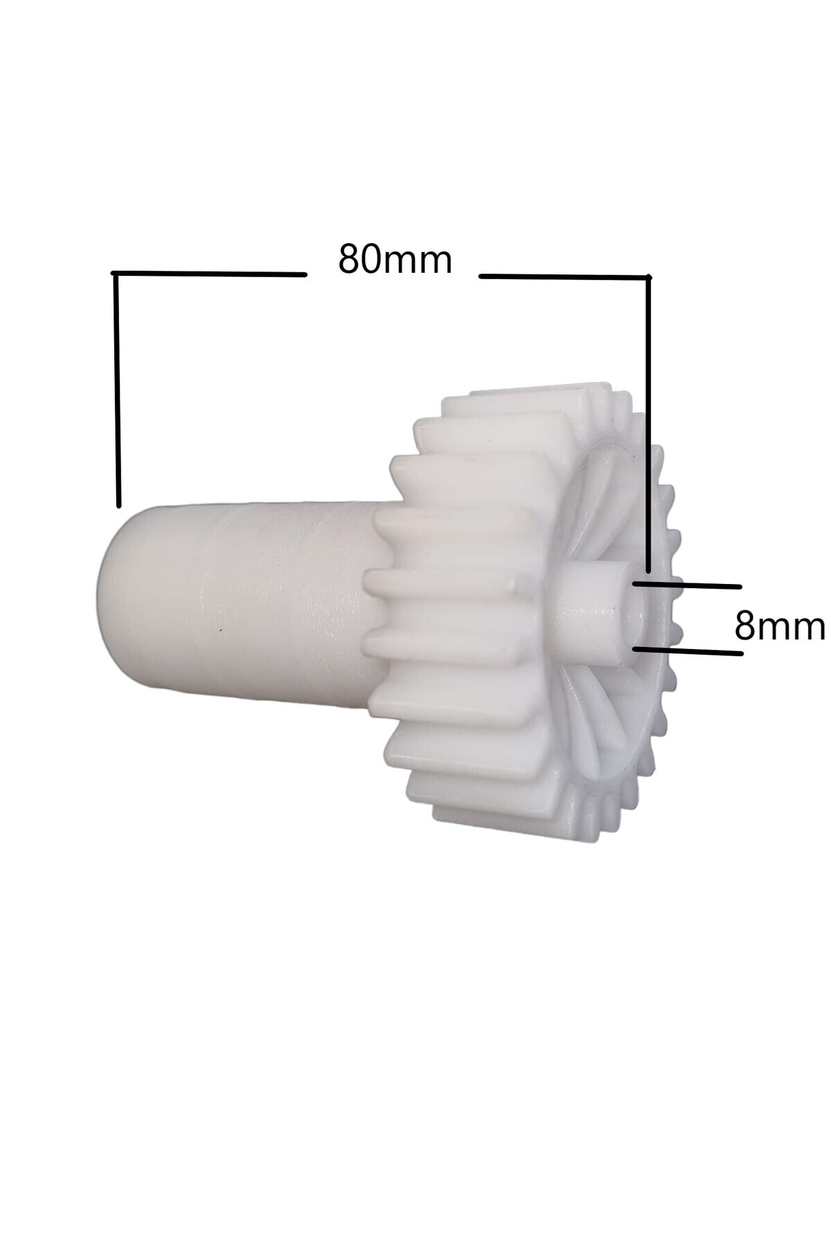 80mm şaftlı ve 8mm çaplı beyaz plastik dişli. Dişler bir tarafta.