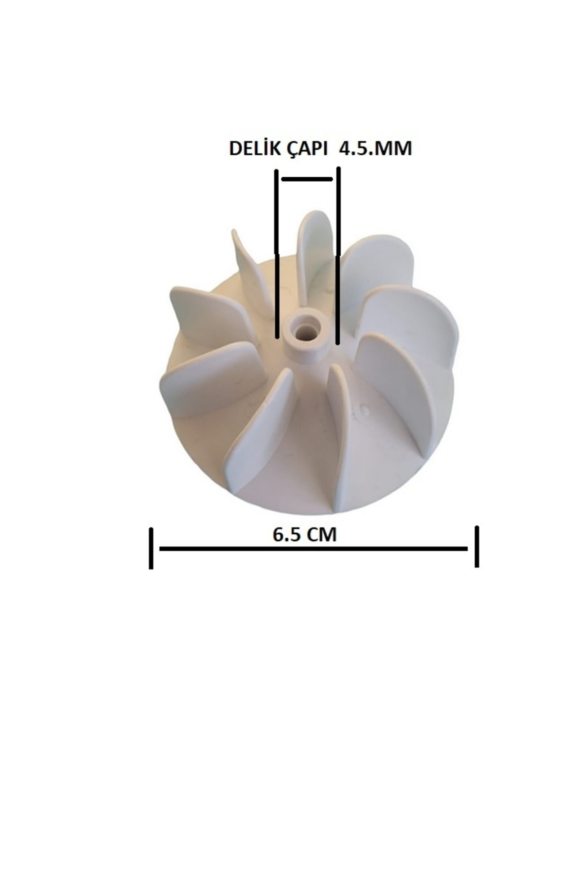 9 kanatlı beyaz fan, 6,5 cm çapında.
