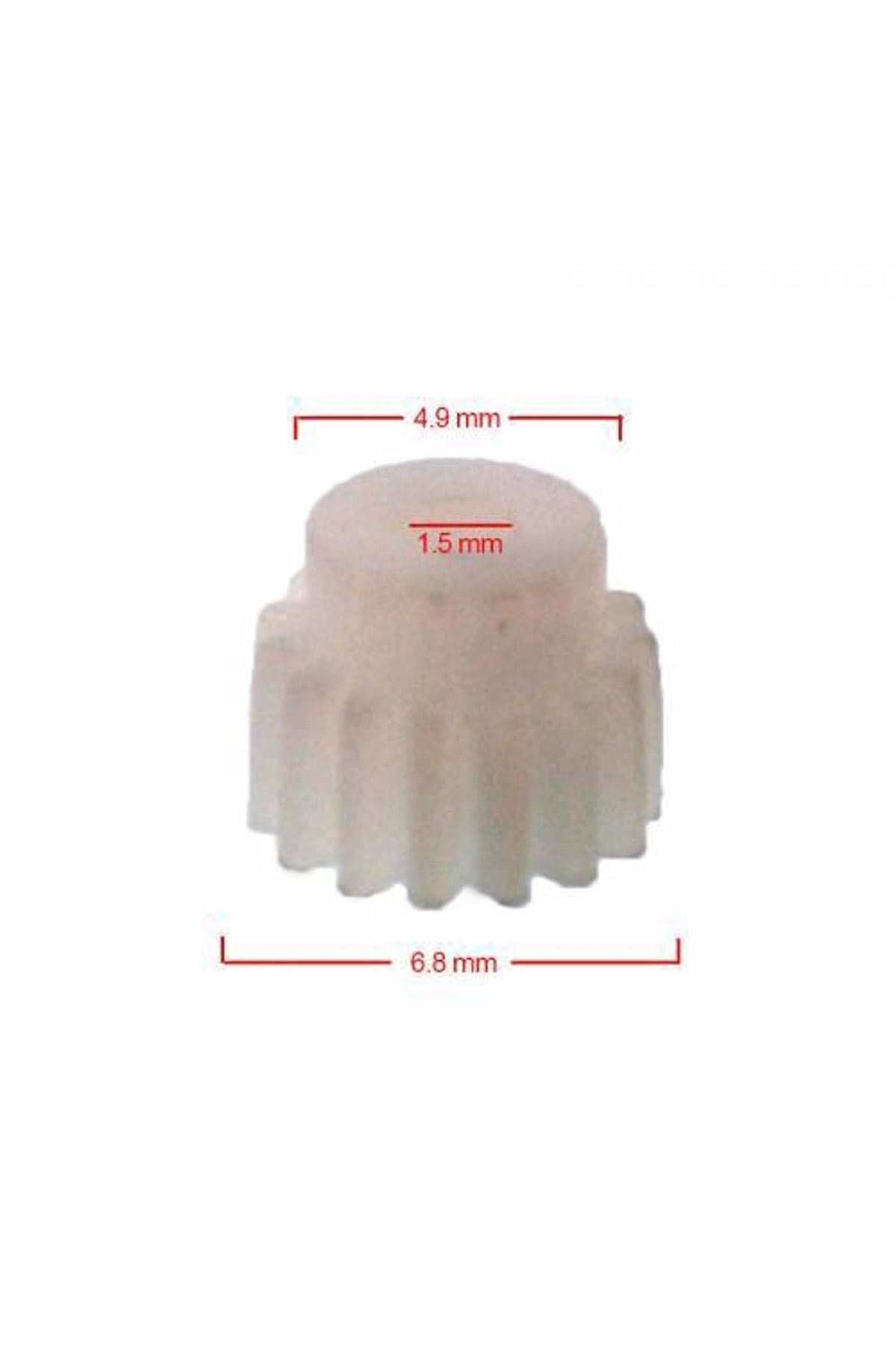 Küçük beyaz dişli ölçüleri: 4,9 mm genişlik, 1,5 mm yükseklik, 6,8 mm uzunluk.