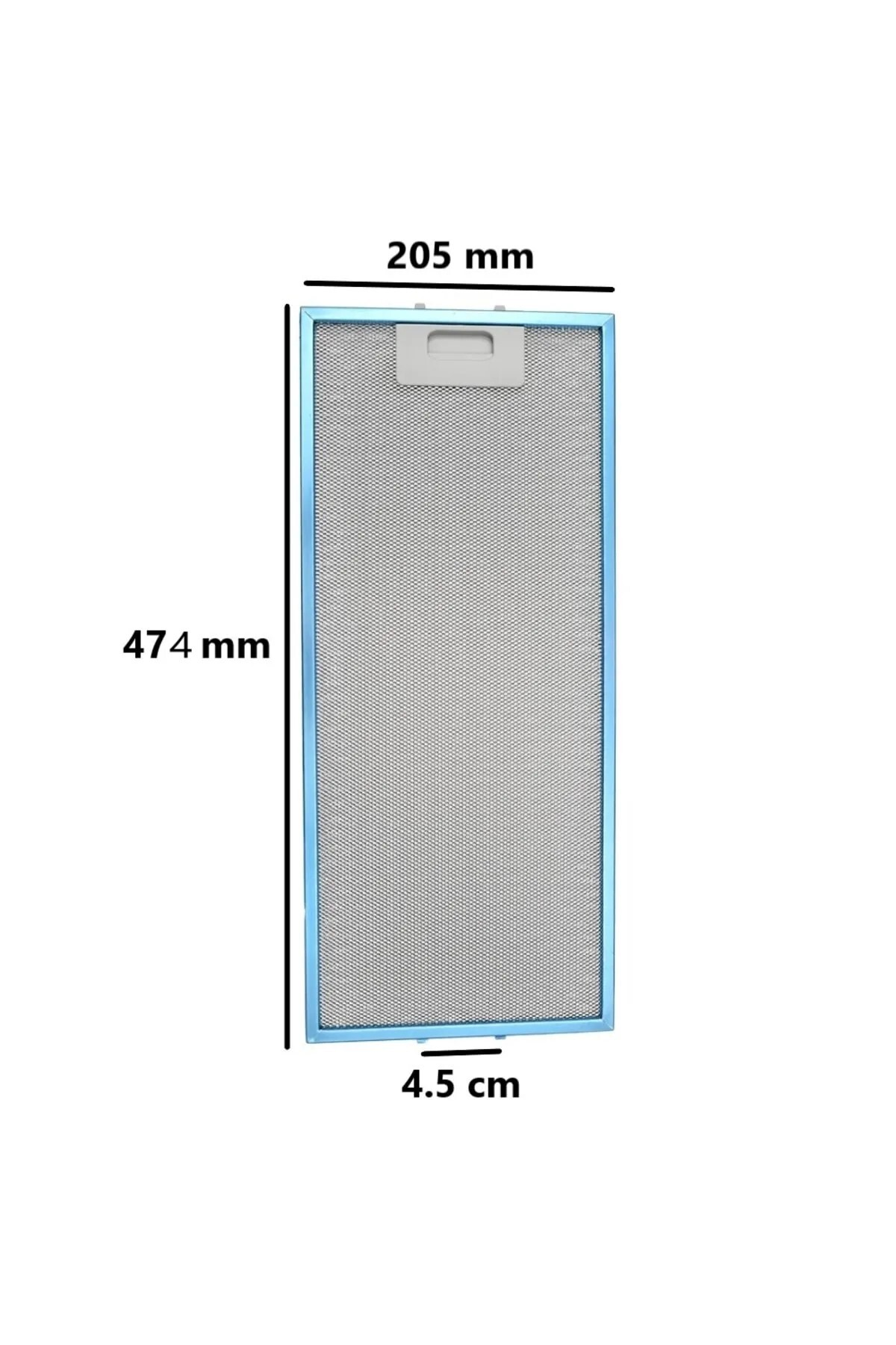 Dikdörtgen metal davlumbaz filtresi, boyutları 205x474x4,5 mm.