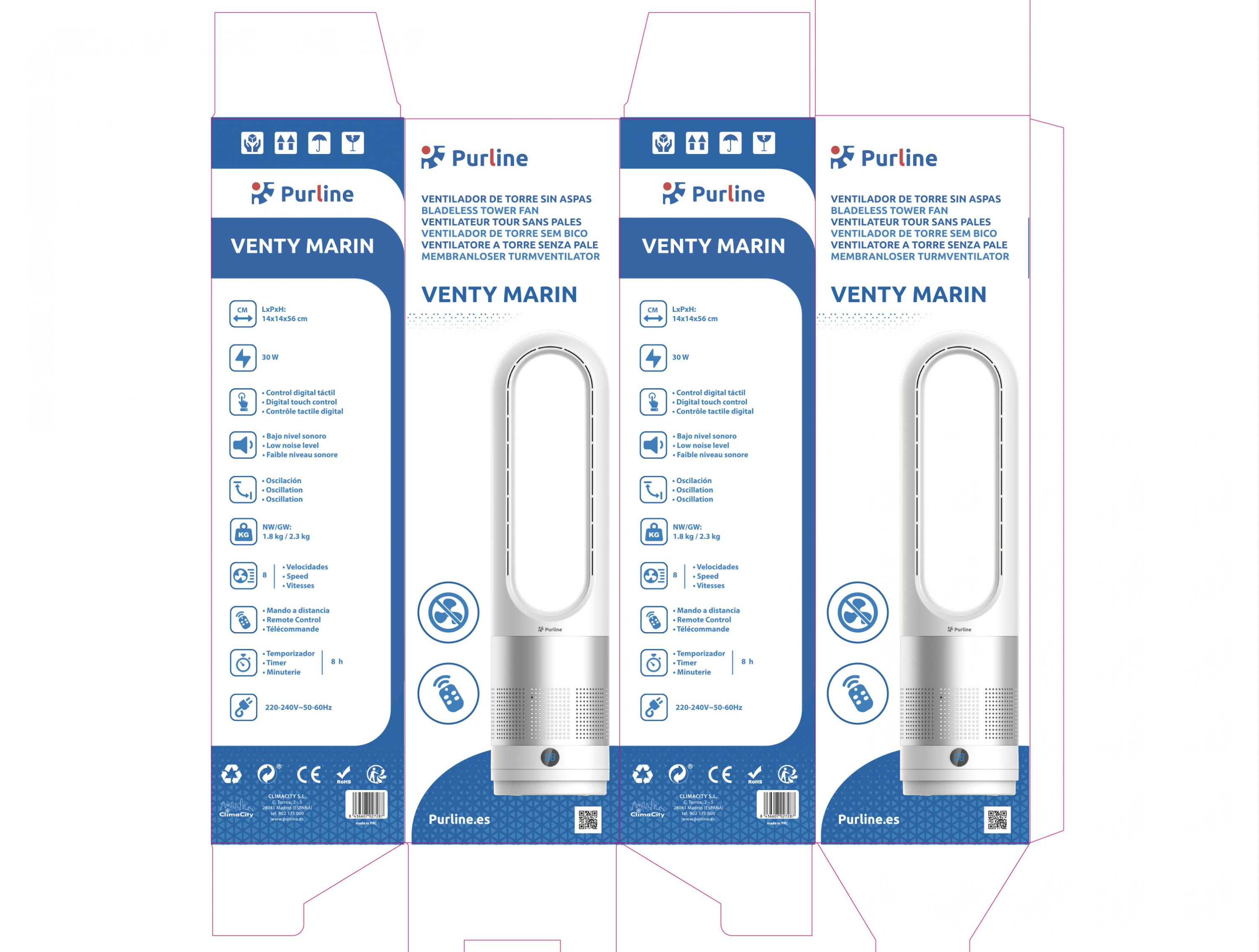 Ventilador de torre Purline Venty Marin: 30W, 14x14x56cm, con mando y temporizador.