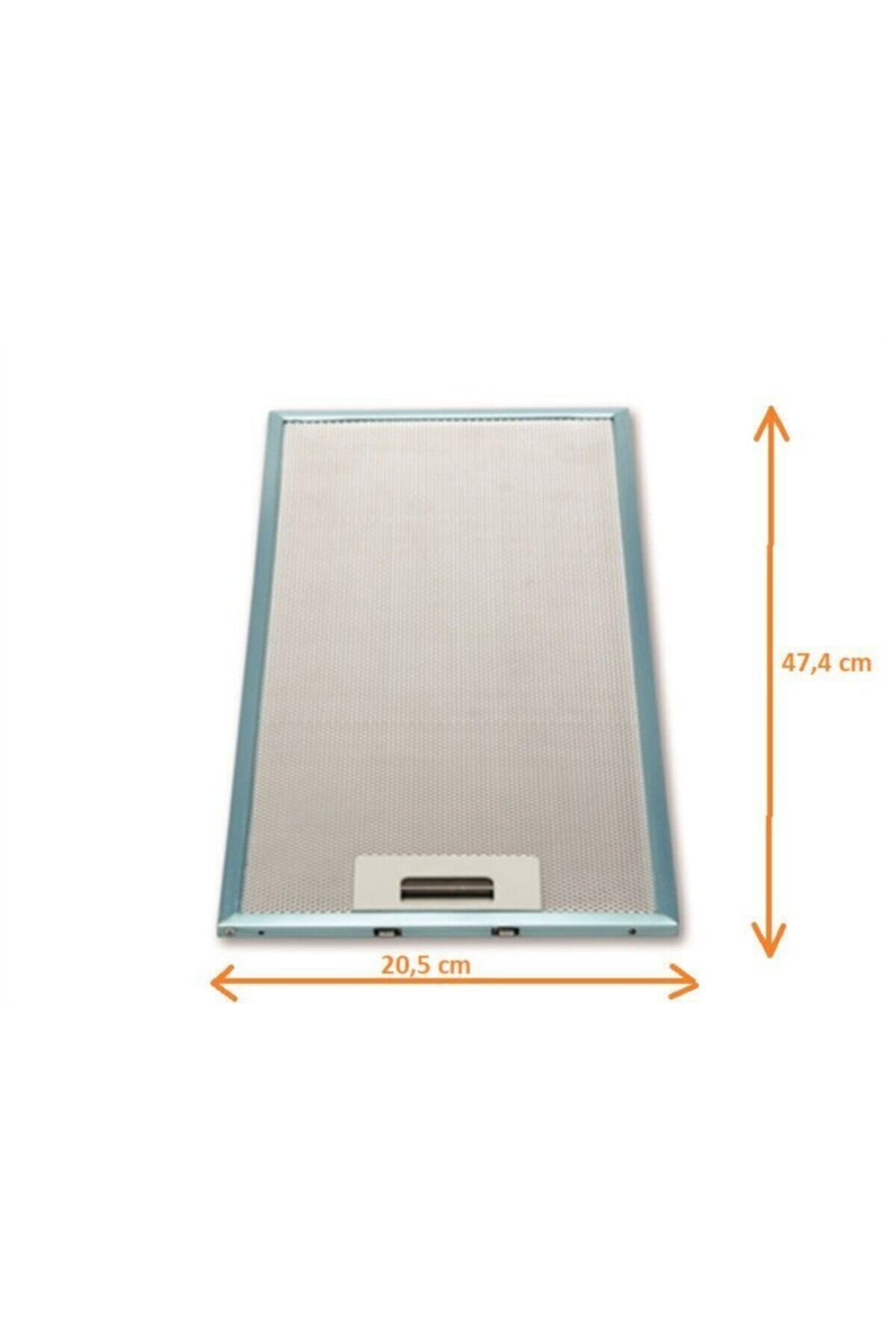 Açık mavi çerçeveli metal davlumbaz filtresi, 47,4 cm yüksekliğinde.