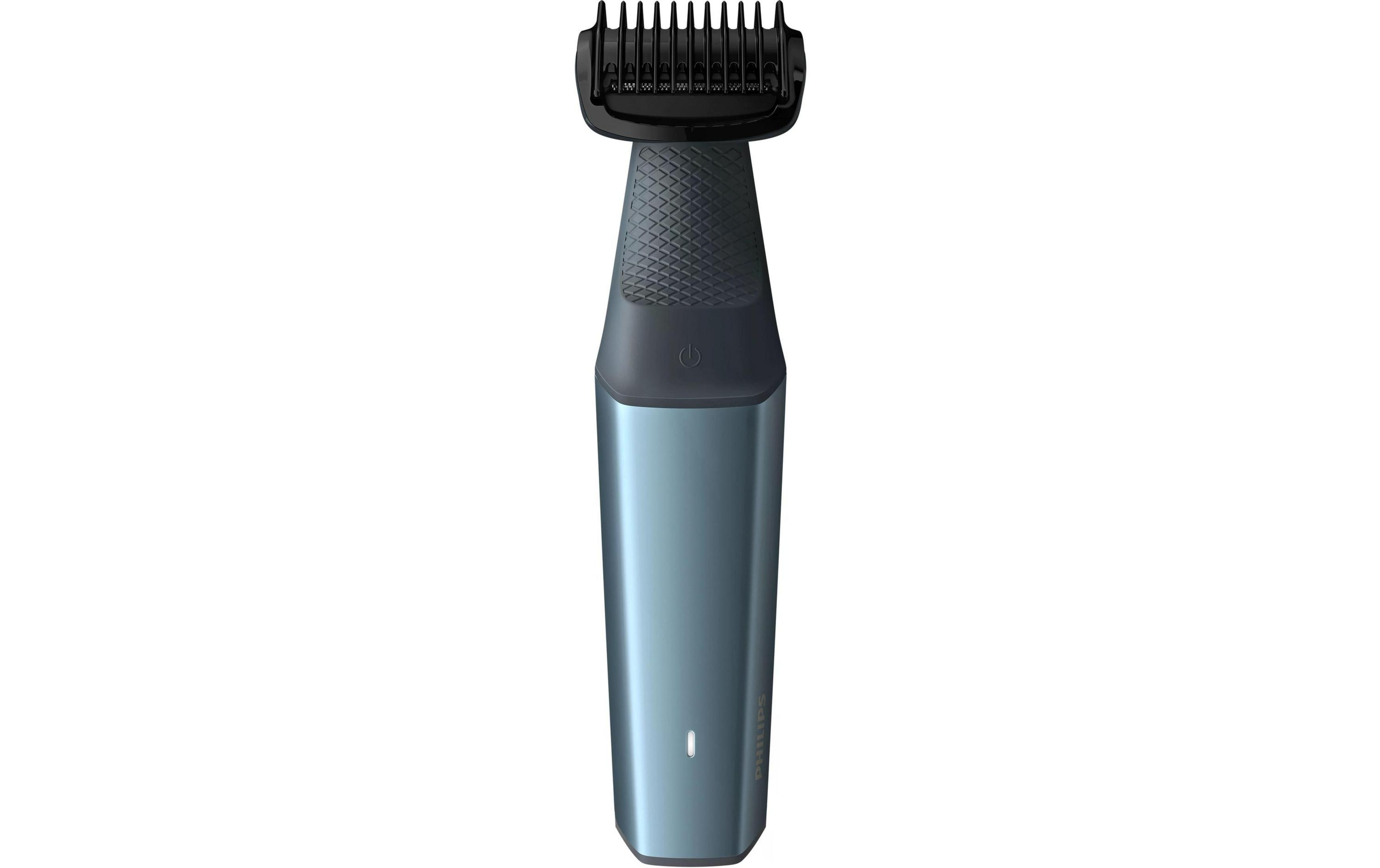 Niebieski trymer do ciała z czarną nasadką i przyciskiem zasilania.