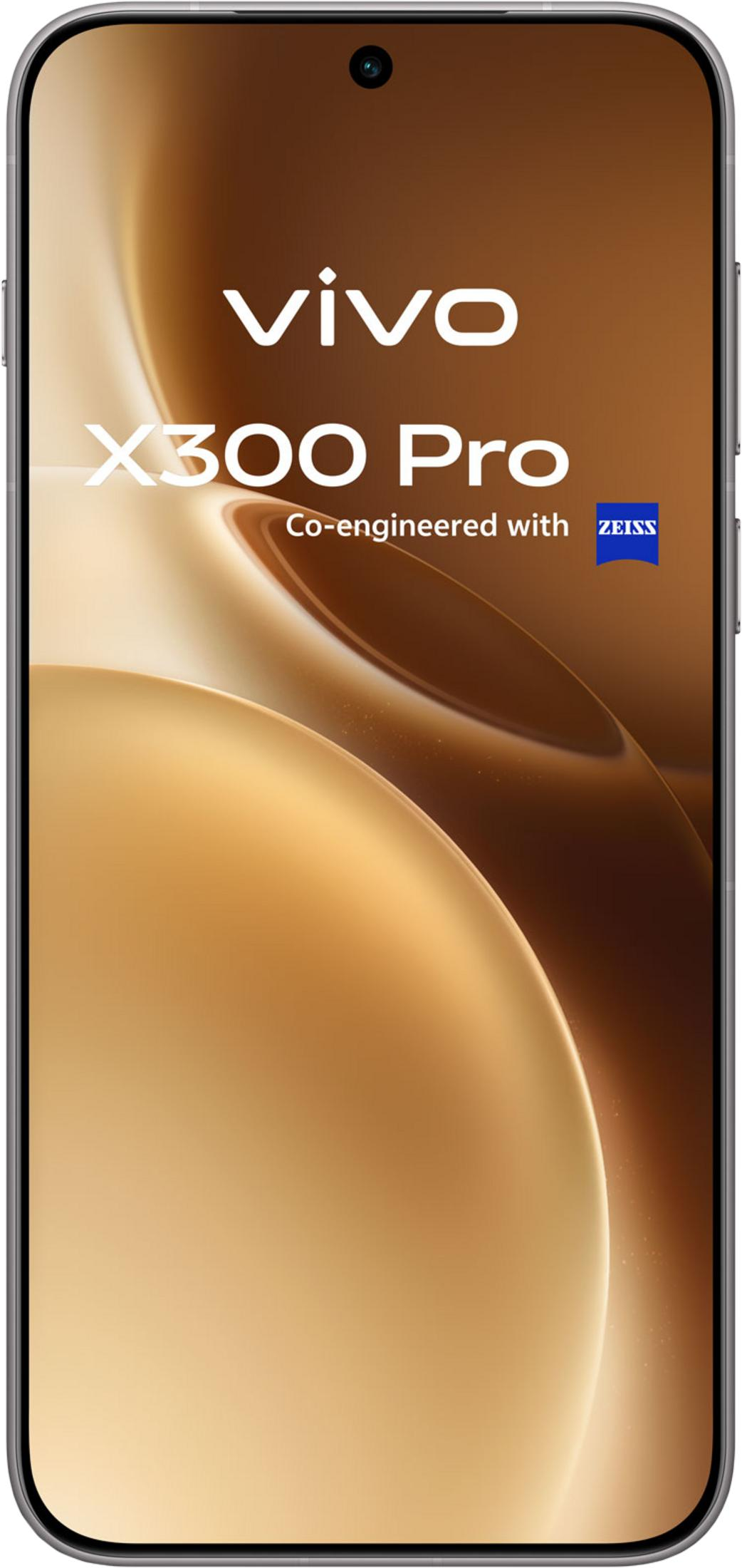 Smartfon Vivo X300 Pro we współpracy z Zeiss, złoto-brązowe tło.
