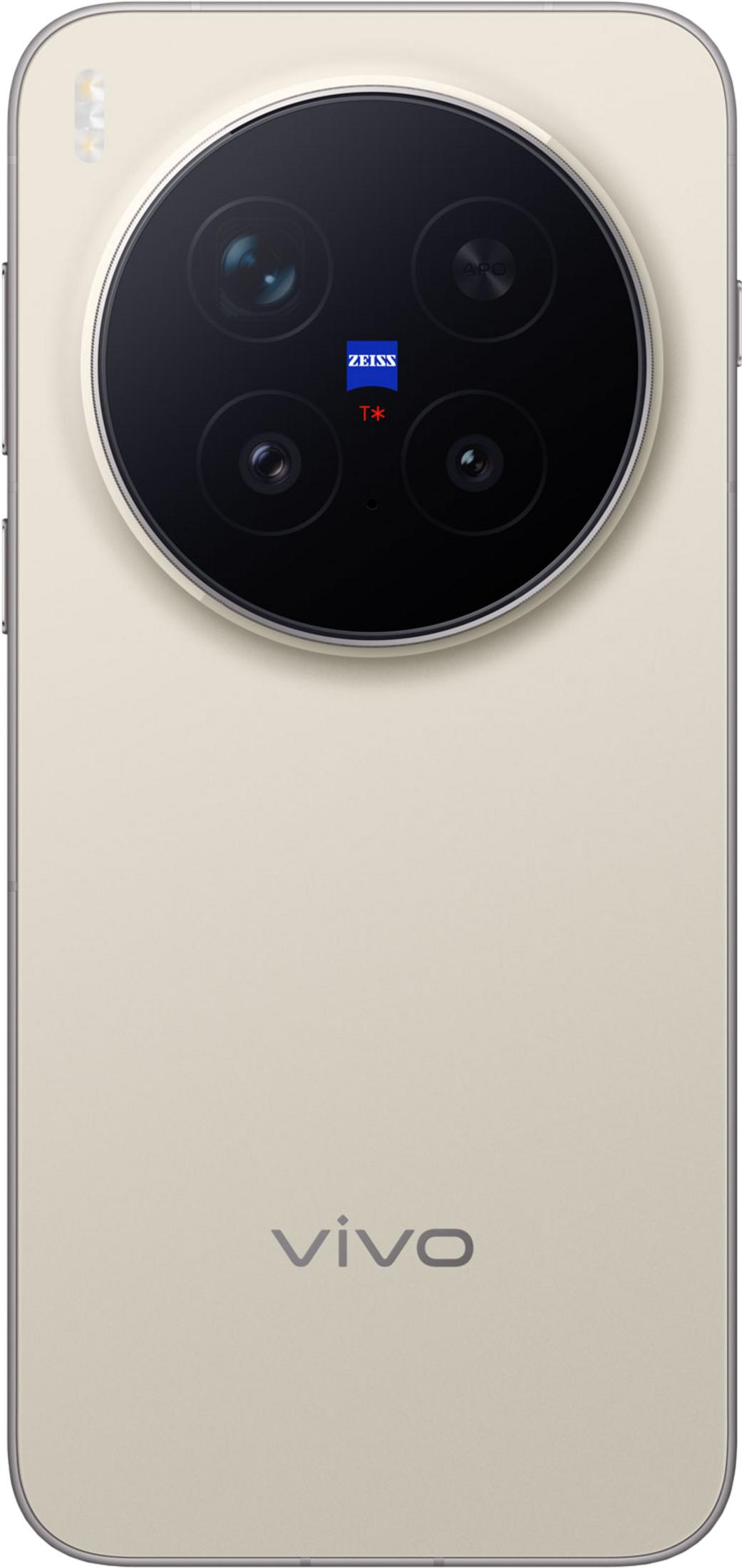 Jasno beżowy smartfon z okrągłym modułem aparatu i logo Vivo.