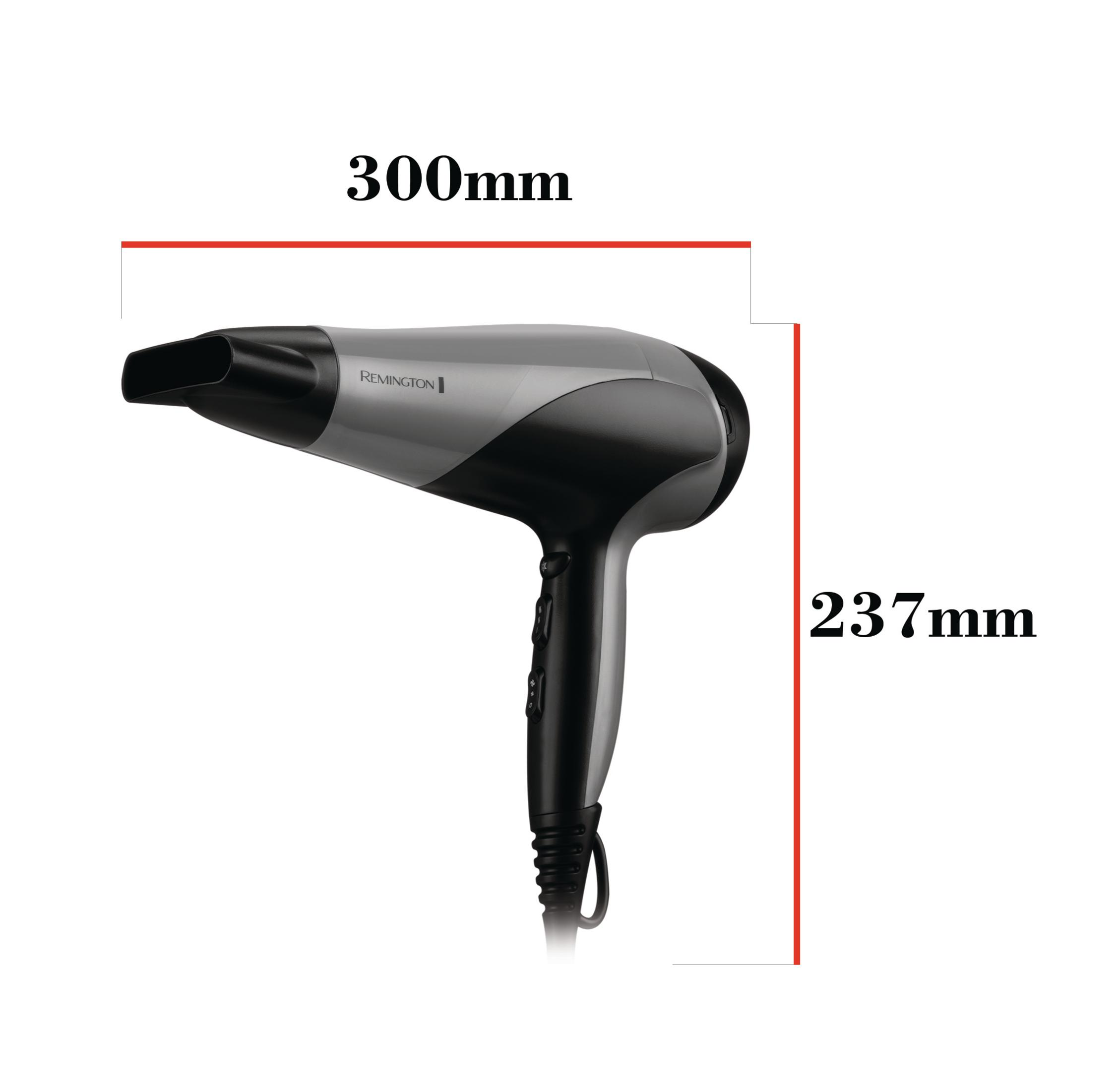 Czarno-szara suszarka Remington z wymiarami.