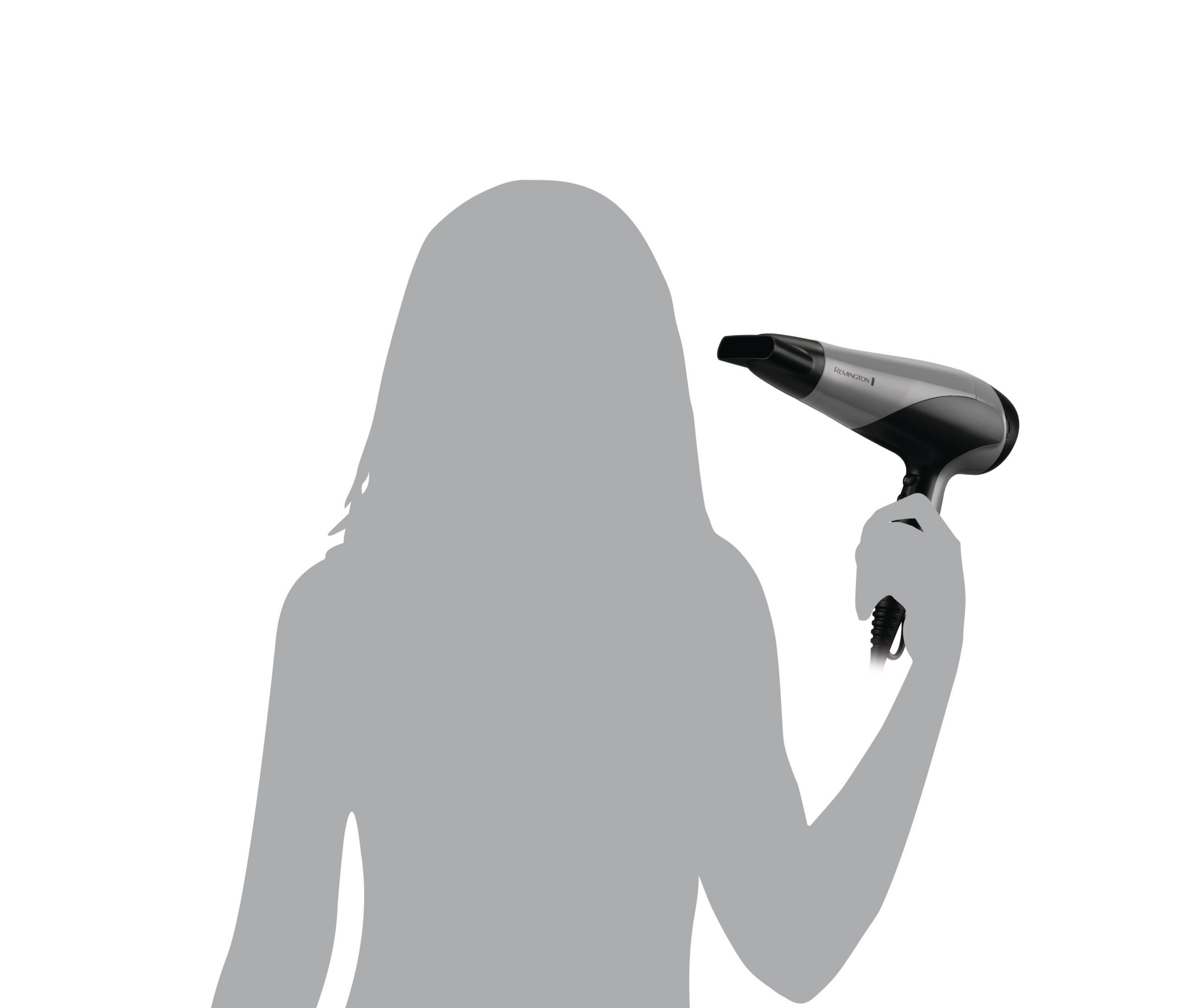 Szara sylwetka trzyma czarno-srebrną suszarkę Remington.