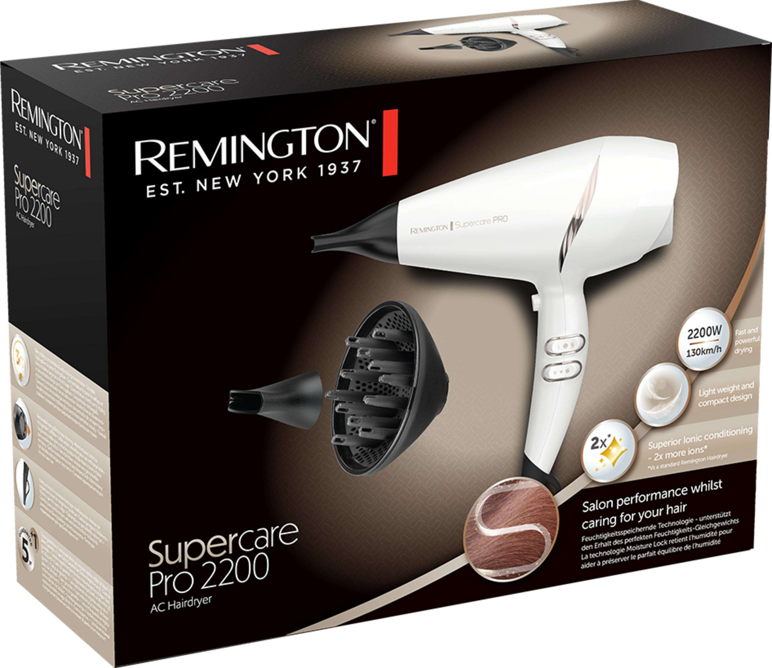 Opakowanie białej suszarki do włosów Remington z akcesoriami i cechami produktu.