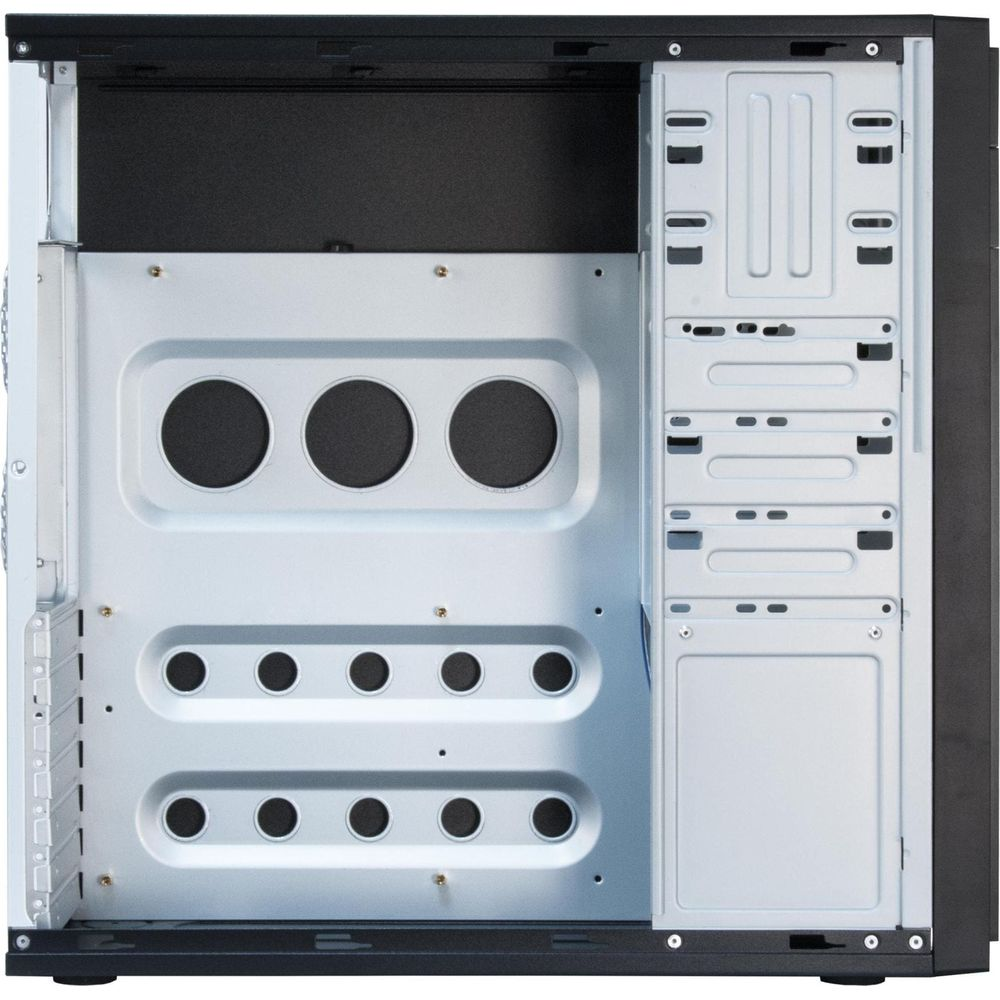 Interior view of a computer case with silver metal components and black ventilation grilles.